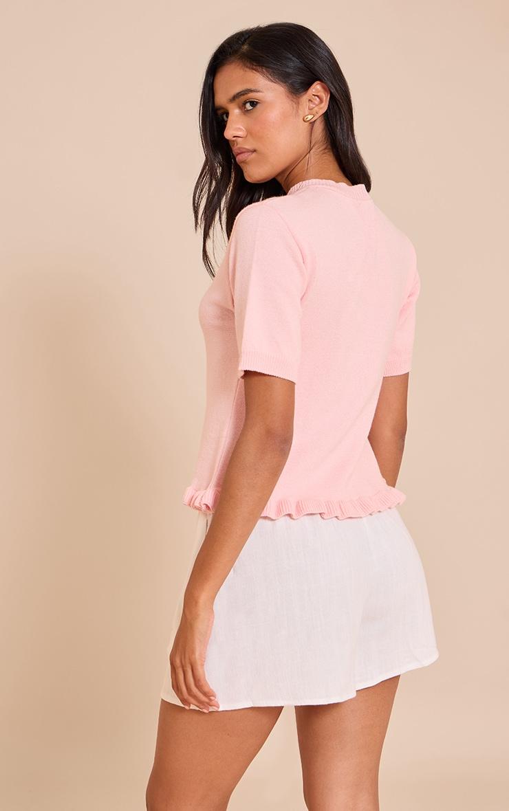  Pink Knit Ruffle Detail Short Sleeve Cardigan Product Image