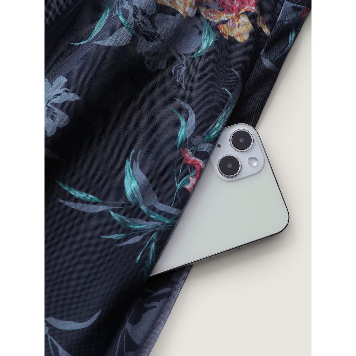 Plus Size Floral Print Mesh Shirred Waist Midi Dress Indigo Women Formal Square Neck Elbow-length sleeve Curvy BloomChic 30/6X Product Image