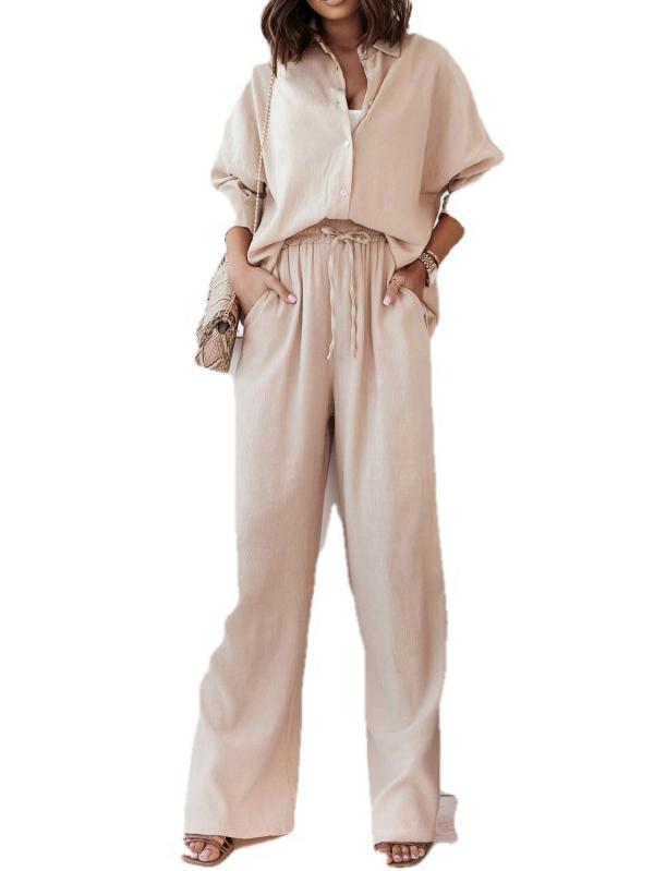 Solid Color High-Low Long Sleeves Lapel Blouses + Drawstring Pants Two Pieces Set Product Image