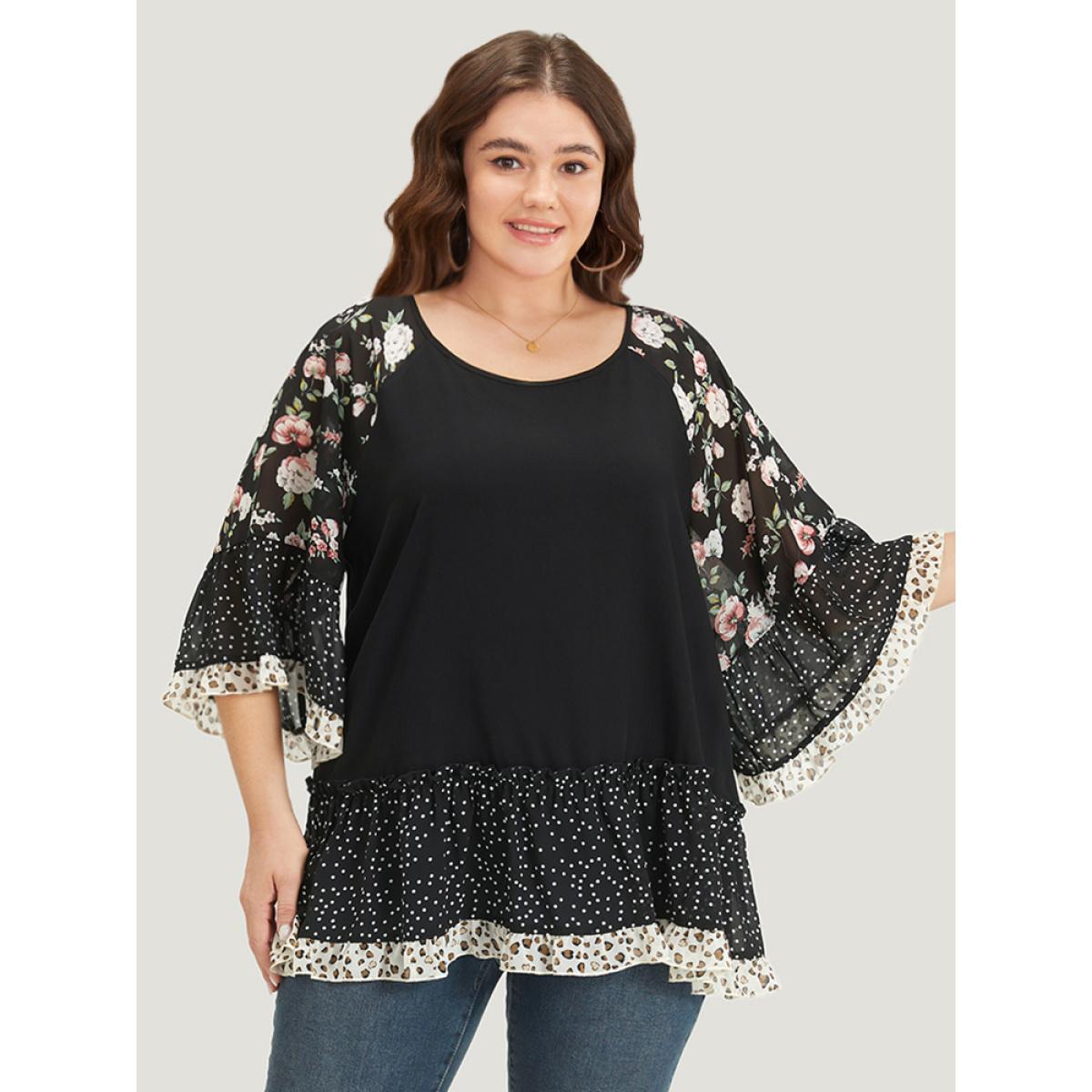 Plus Size Multicolor Floral & Polka Dot Flutter Trim Patchwork Blouse Women Elegant Half Sleeve Round Neck Dailywear Blouses BloomChic 26/4X Product Image
