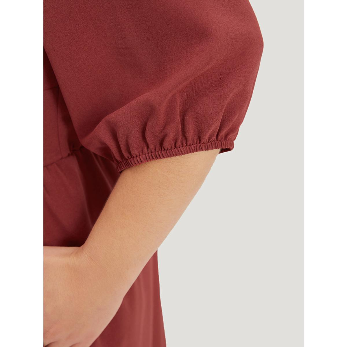 Plus Size Plain Elastic Cuffs Pocket Laser Cut Dress Russet Women Elegant Elastic cuffs V-neck Elbow-length sleeve Curvy Midi Dress BloomChic 18-20/2X Product Image