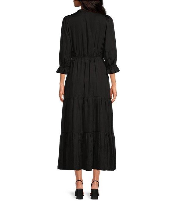 Skies Are Blue Split Tie Neck 3/4 Sleeve Tiered Ruffle Maxi Dress Product Image