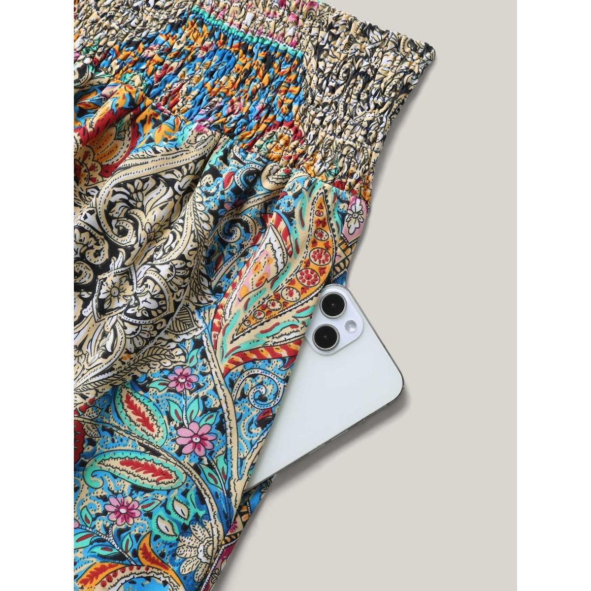 Plus Size Paisley Print Shirred Waist Midi Skirt Women Multicolor Boho Patchwork Low stretch Slanted pocket Vacation Skirts BloomChic 26/4X Product Image