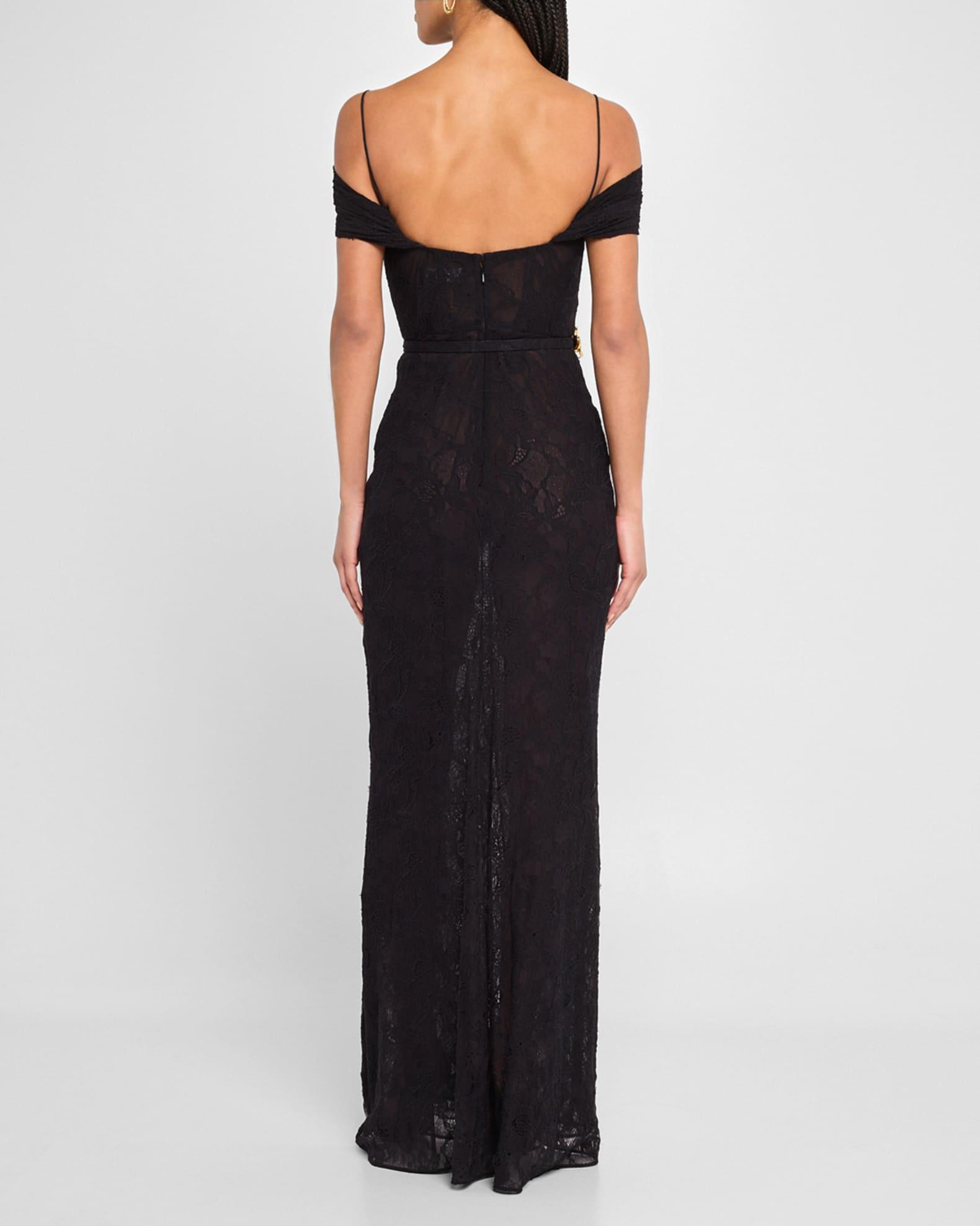 Lace Cold-Shoulder Belted Column Gown Product Image