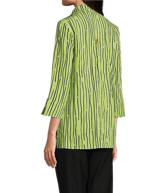 Ali Miles Crinkle Woven Abstract Stripe Wire Collar 3/4 Sleeve Button Front Tunic Product Image