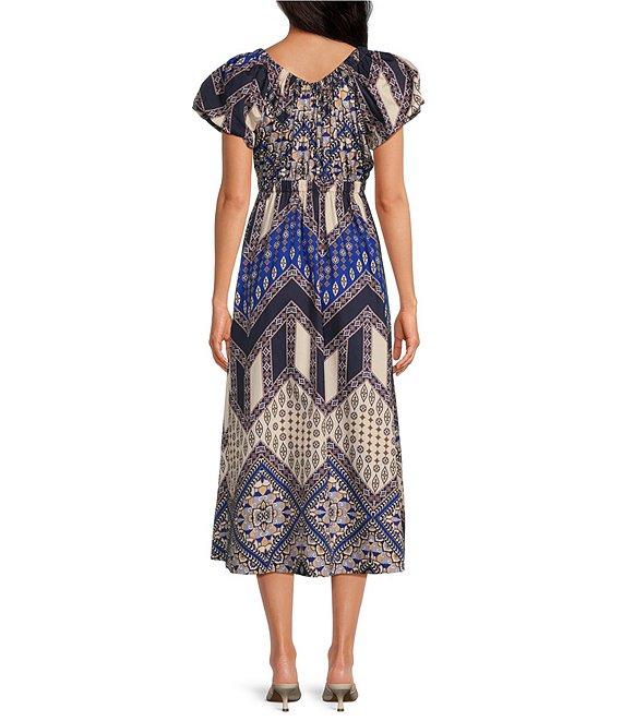 tyler boe Hailey Tapestry Foulard Print Scoop Neck Puff Cap Sleeve Empire Waist Midi A-Line Dress Product Image