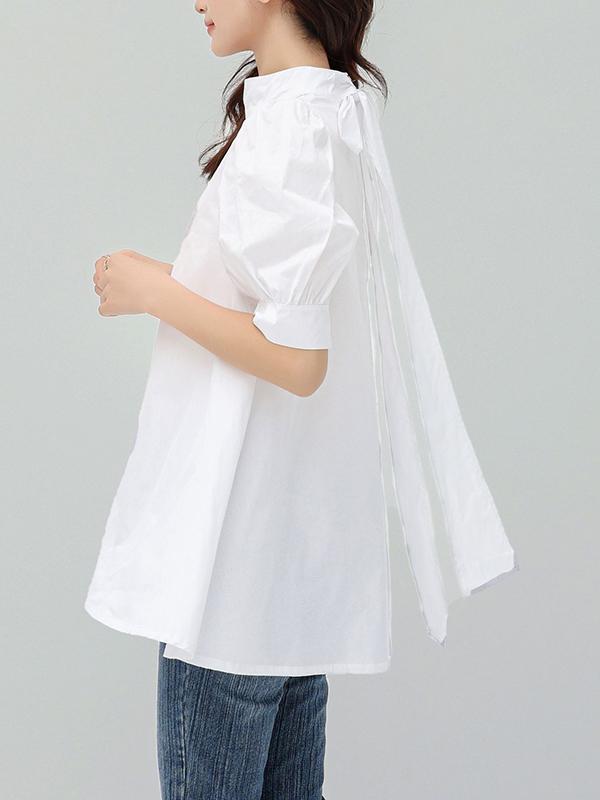 Casual Loose Bow-Embellished Solid Color Blouse Product Image