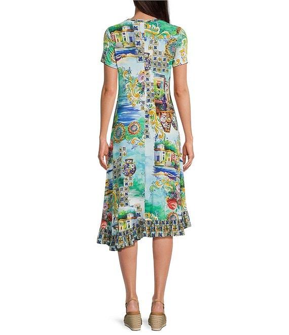JOHNNY WAS Janie Favorite Scenic Print Knit Crew Neck Short Sleeve Asymmetrical Hem Midi Dress Product Image