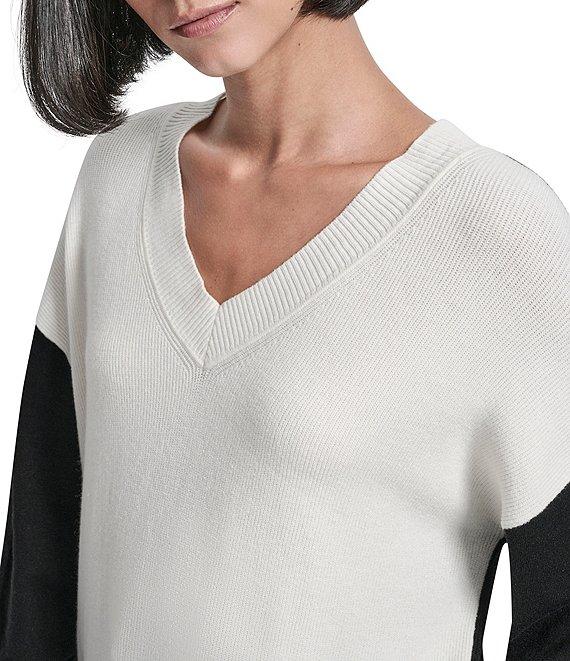 DKNY by Donna Karan Colorblock V-Neck Long Sleeve Sweater Product Image