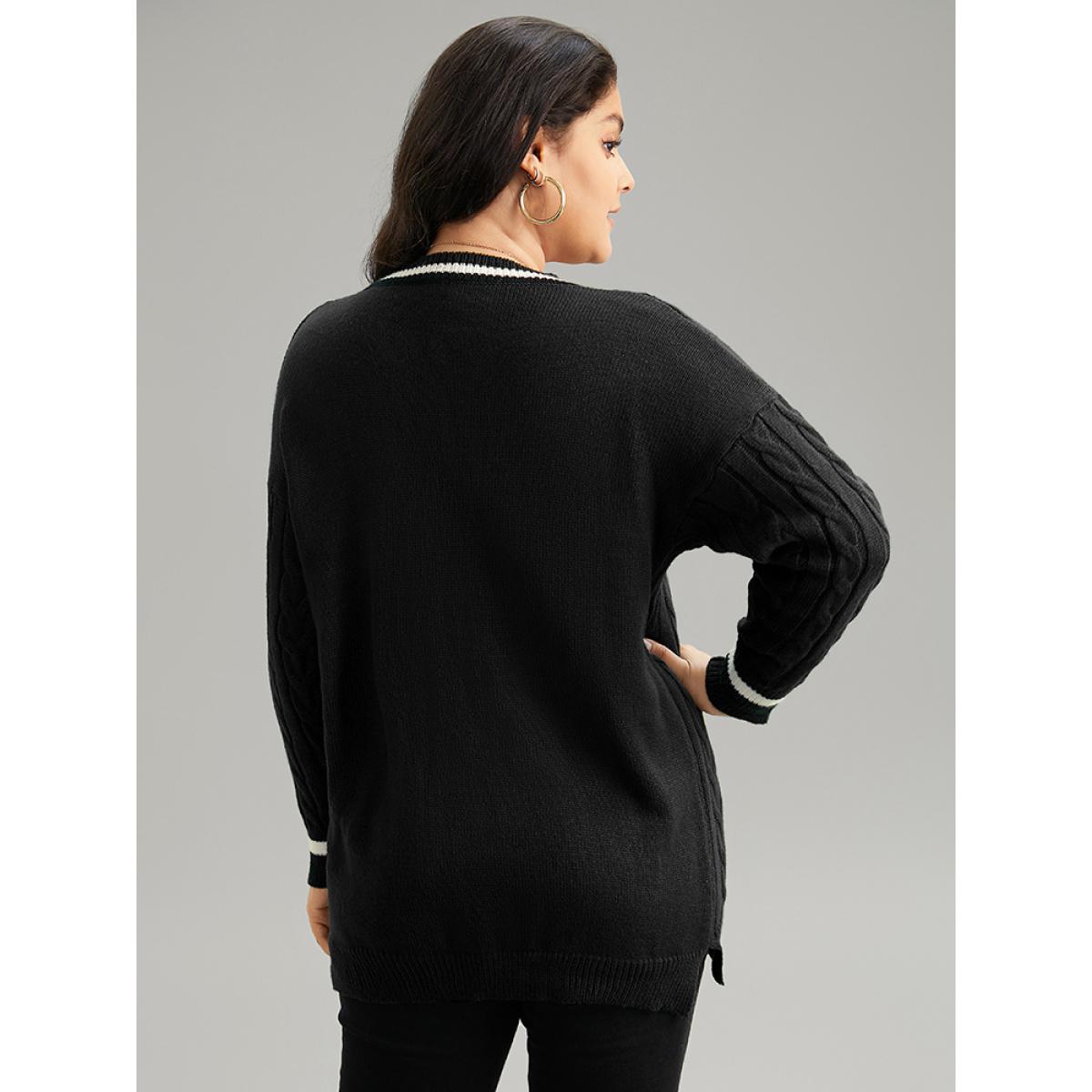 Plus Size Cable Knit Contrast Trim Drop Shoulder Pullover Black Women Casual Loose Long Sleeve V-neck Dailywear Pullovers BloomChic 22-24/3X Product Image