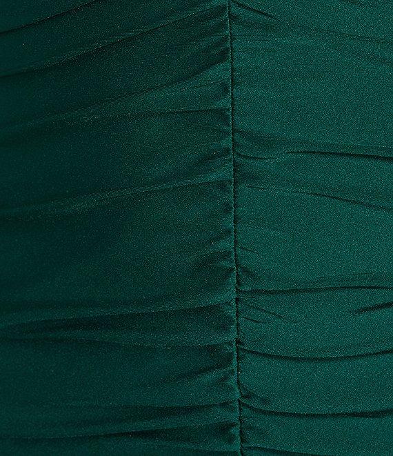 Midnight Doll Satin Knit V-Neck Rhinestone Straps Ruched Mini Dress Product Image