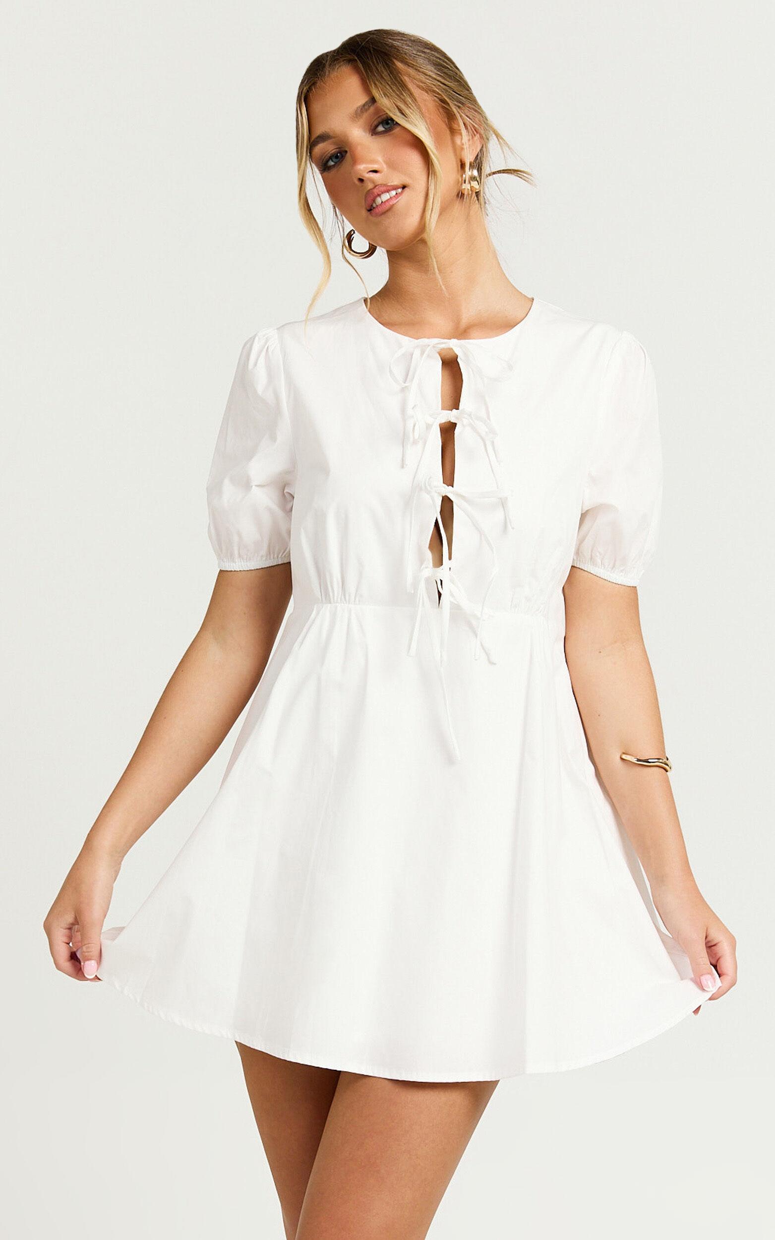 Hattie Mini Dress - Tie Front Puff Sleeve Dress in White Product Image