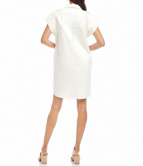 Karen Kane Denim Point Collar Cap Roll-Tab Sleeve Snap Front Shirt Dress Product Image