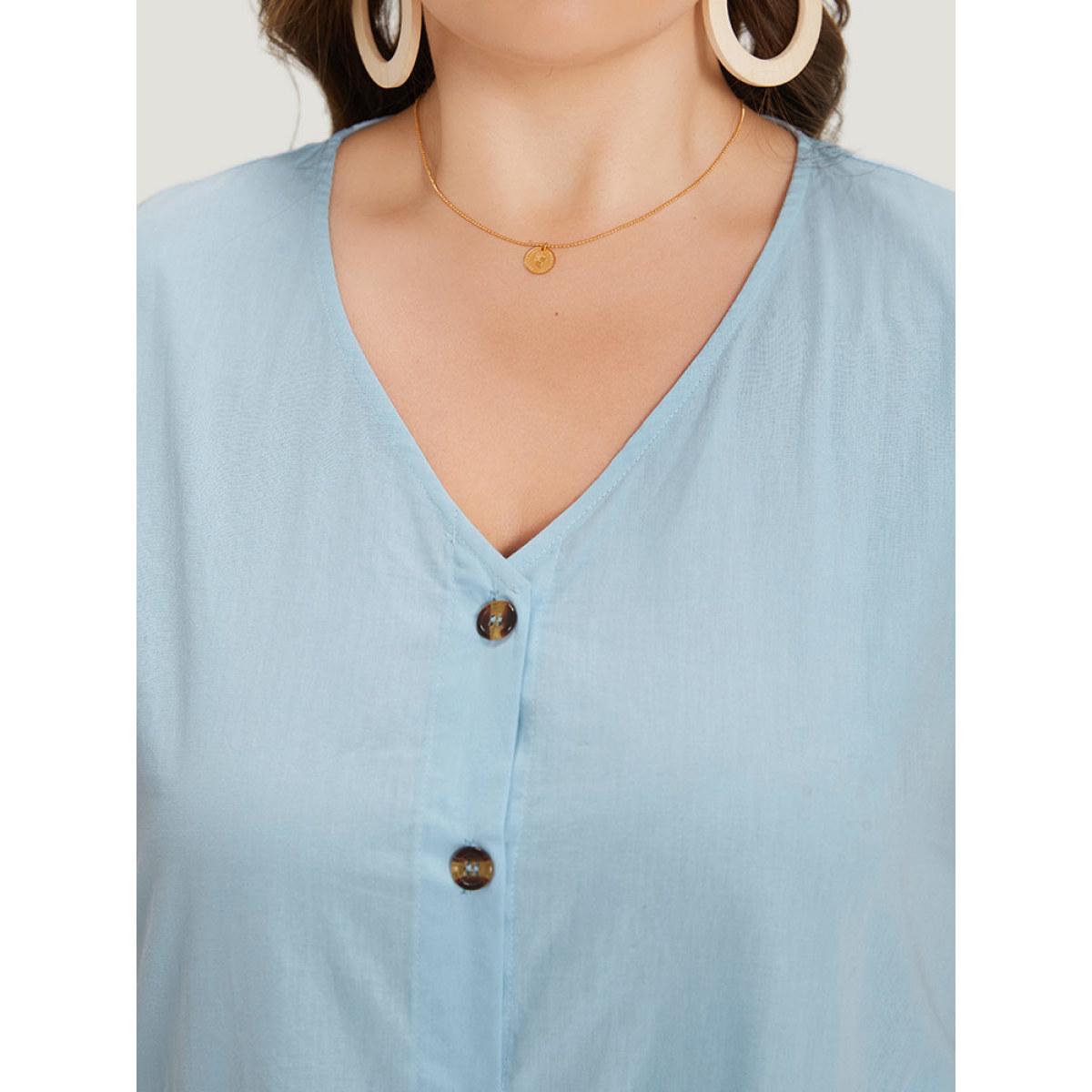 Plus Size Plain Button Through Ruffle Layered Hem Cap Sleeve Dress LightBlue Women Vacation Button V-neck Cap Sleeve Curvy Knee Dress BloomChic 18-20/2X Product Image