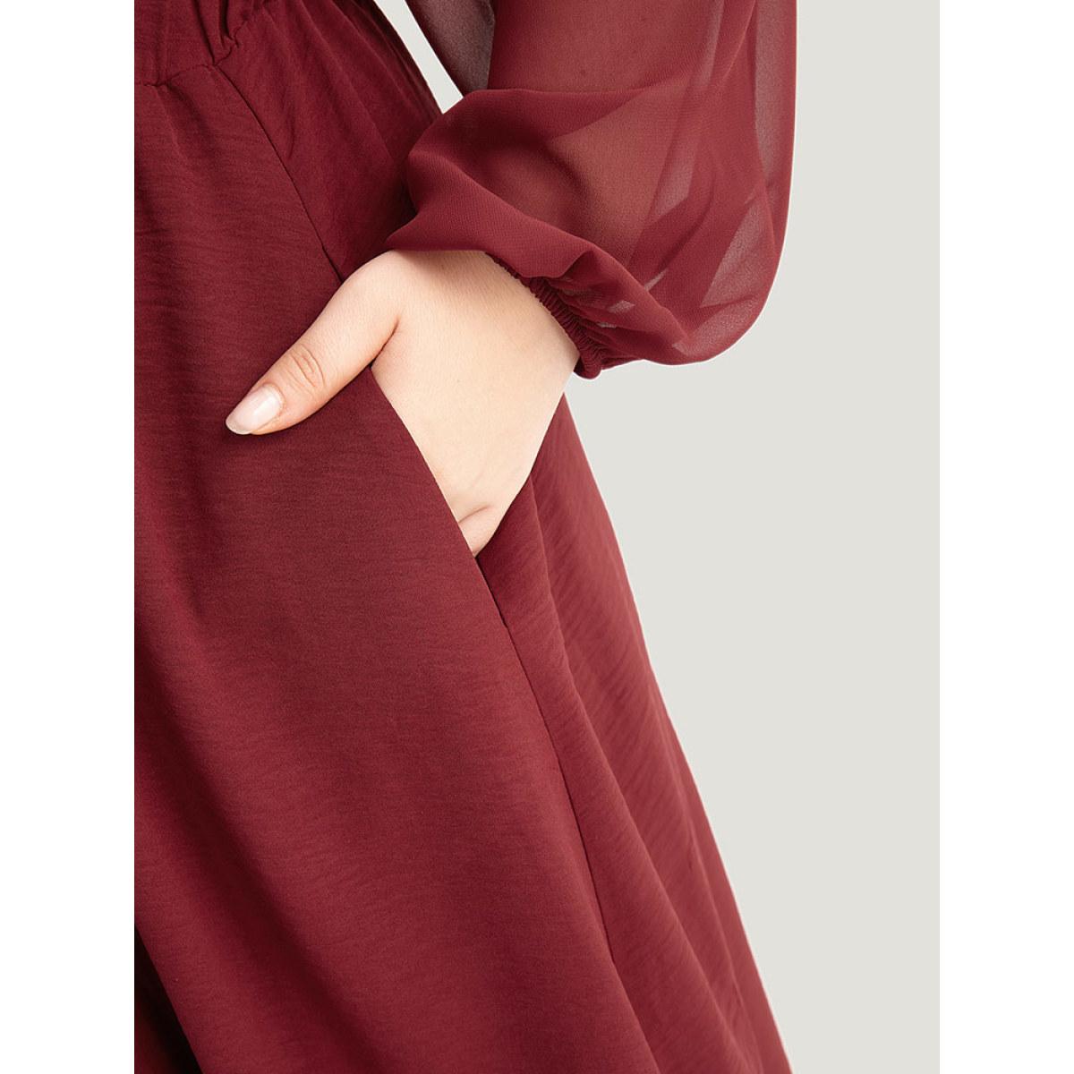 Plus Size Pearl Beaded Pocket Mesh Patchwork Dress Scarlet Women Elegant Elastic cuffs V-neck Long Sleeve Curvy Midi Dress BloomChic 18-20/2X Product Image