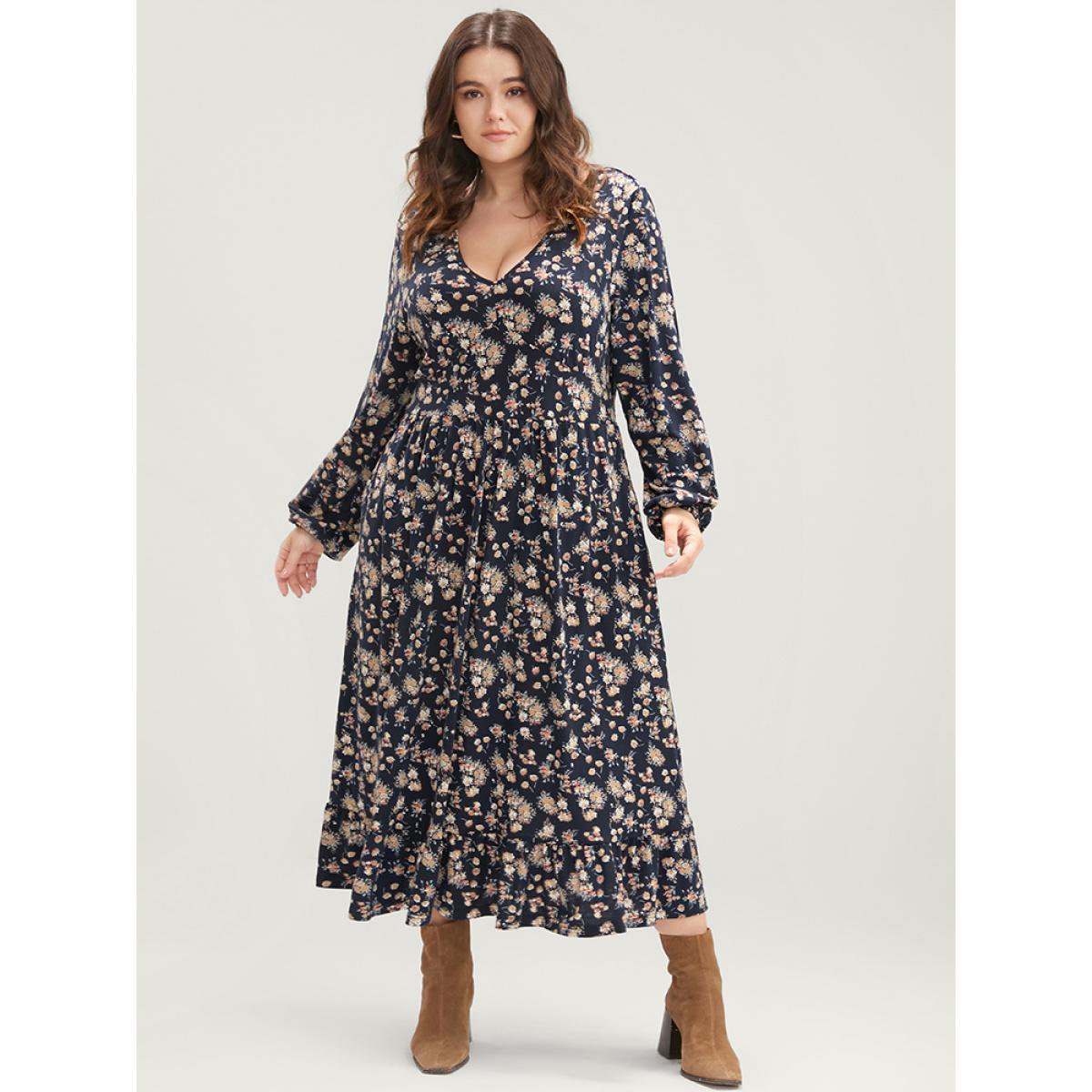 Plus Size Ditsy Floral Pocket Lantern Sleeve Shirred Flutter Dress Indigo Women Elegant Elastic Waist V-neck Long Sleeve Curvy Midi Dress BloomChic 22-24/3X Product Image