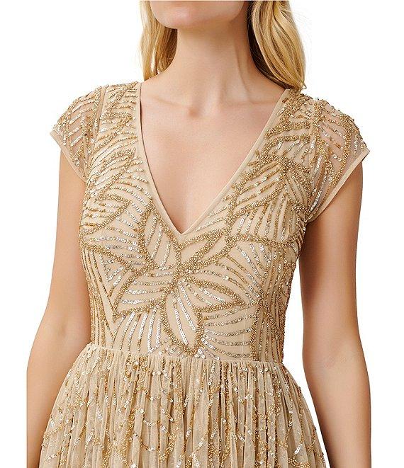 Aidan Mattox V-Neck Cap Sleeve Beaded Pleated Midi Dress Product Image