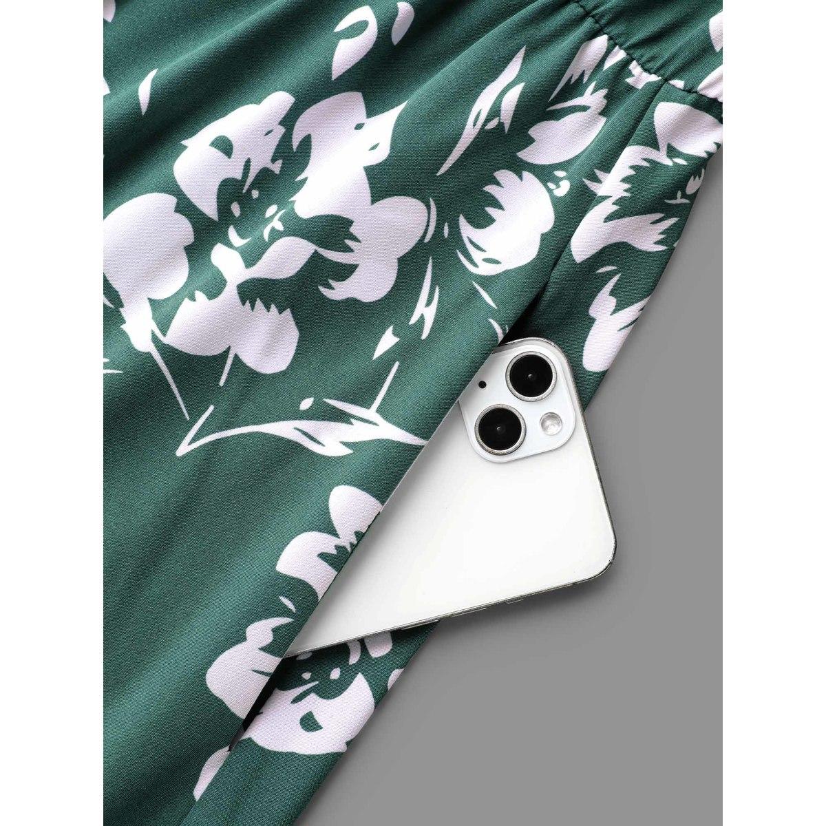 Plus Size Silhouette Floral Print Waist Cinched Midi Dress Emerald Women Elegant Non Overlap Collar Long Sleeve Curvy BloomChic 14-16/1X Product Image