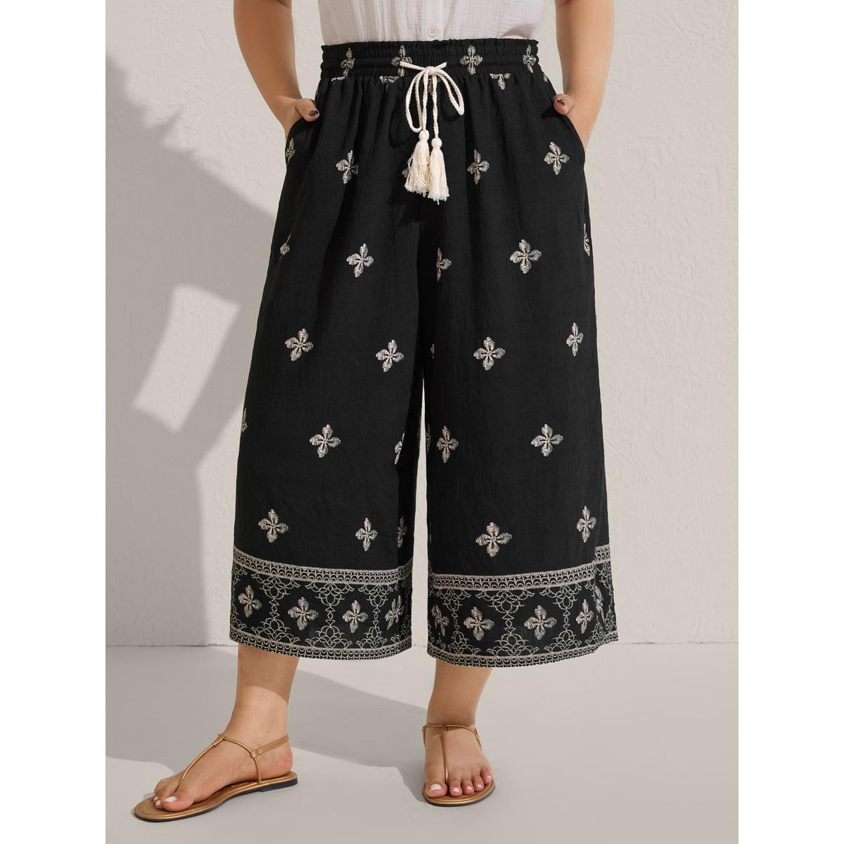 Plus Size Boho Print Color Contrast Wide-Leg Pants Women Black Boho Wide Leg Mid Rise Vacation Pants BloomChic 12/L Product Image