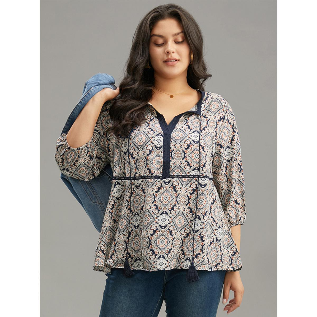 Plus Size Indigo Moroccan Print Tassels Ties Elastic Cuffs Blouse Women Resort Elbow-length sleeve Tie Neck Vacation Blouses BloomChic 14-16/1X Product Image