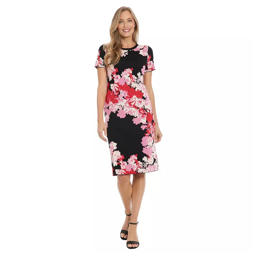 Women's London Times Floral Print Short Sleeve Midi Dress, Size: Medium, Black Pink Product Image