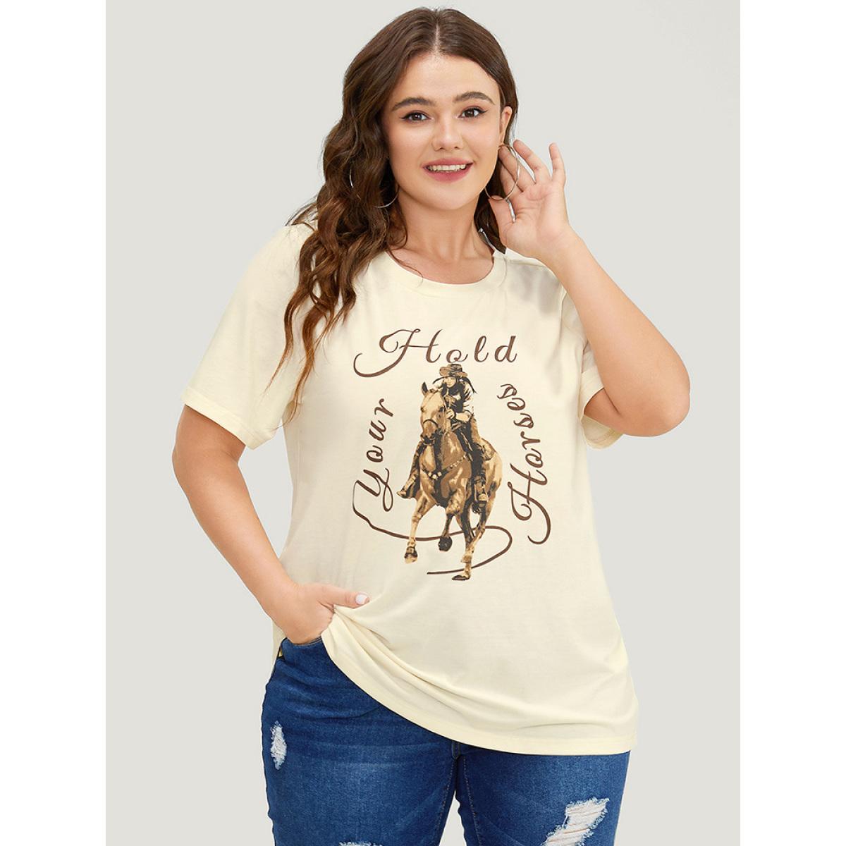 Plus Size Horse & Letter Print Round Neck Graphic Tee Apricot Women Casual Western Dailywear T-shirts BloomChic 18-20/2X Product Image