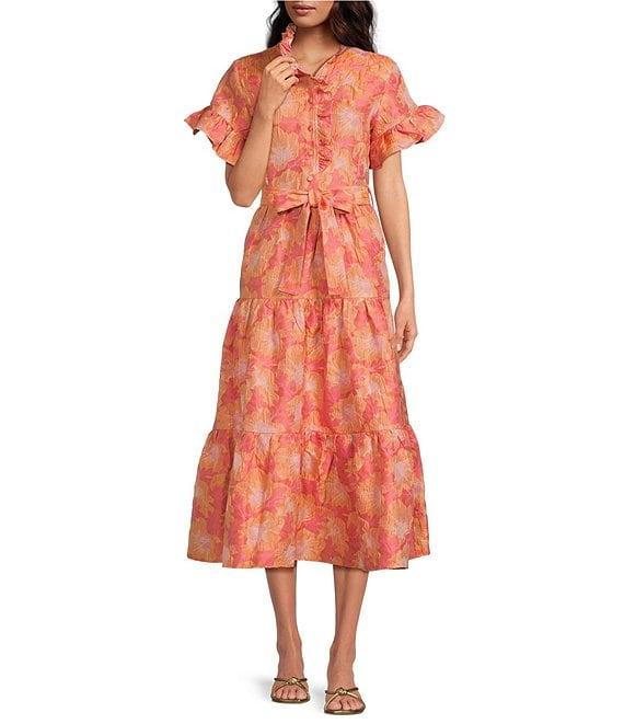 Abbey Glass Floral Print Sadie Ruffle Short Sleeve Tie Waist Tiered Pocketed Midi Dress Product Image