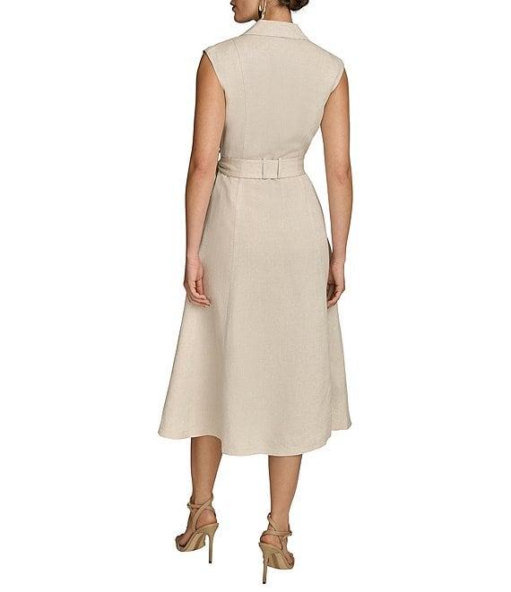 Donna Karan Collared Neck Cap Sleeve Tie Sash Button Front Linen Blend A-Line Midi Dress Product Image