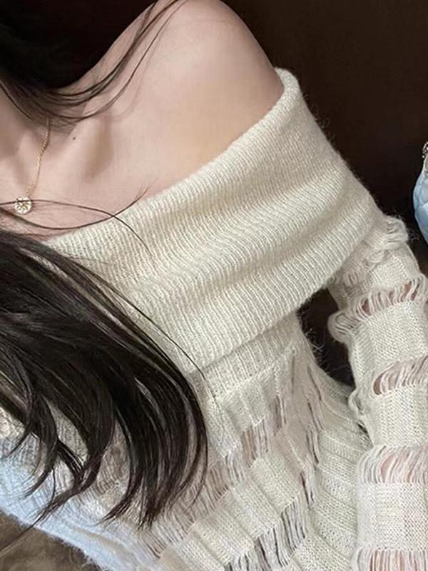 Solid Cutout Off Shoulder Tassel Long Sleeve Knit Product Image