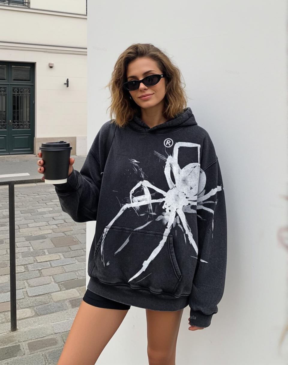 Vintage Richesse Print Graphic Acid Washed Oversized Hoodie Product Image