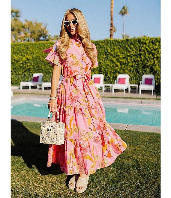 J.Marie Playa Button Up Ruffle Sleeve Belted Tiered Midi A-Line Dress Product Image