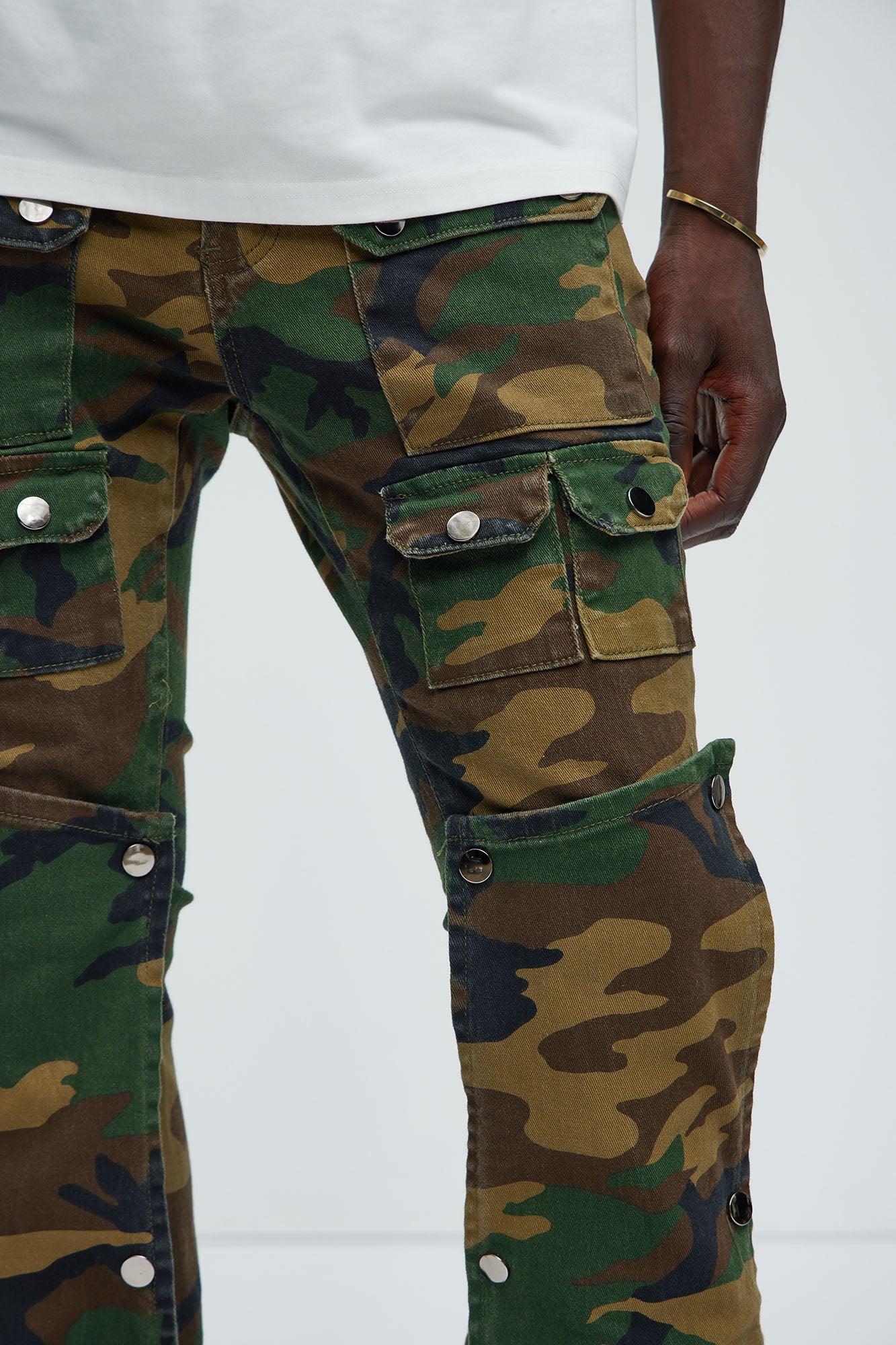 Utility Snap Pockets Slim Flare Pants - Camouflage Product Image