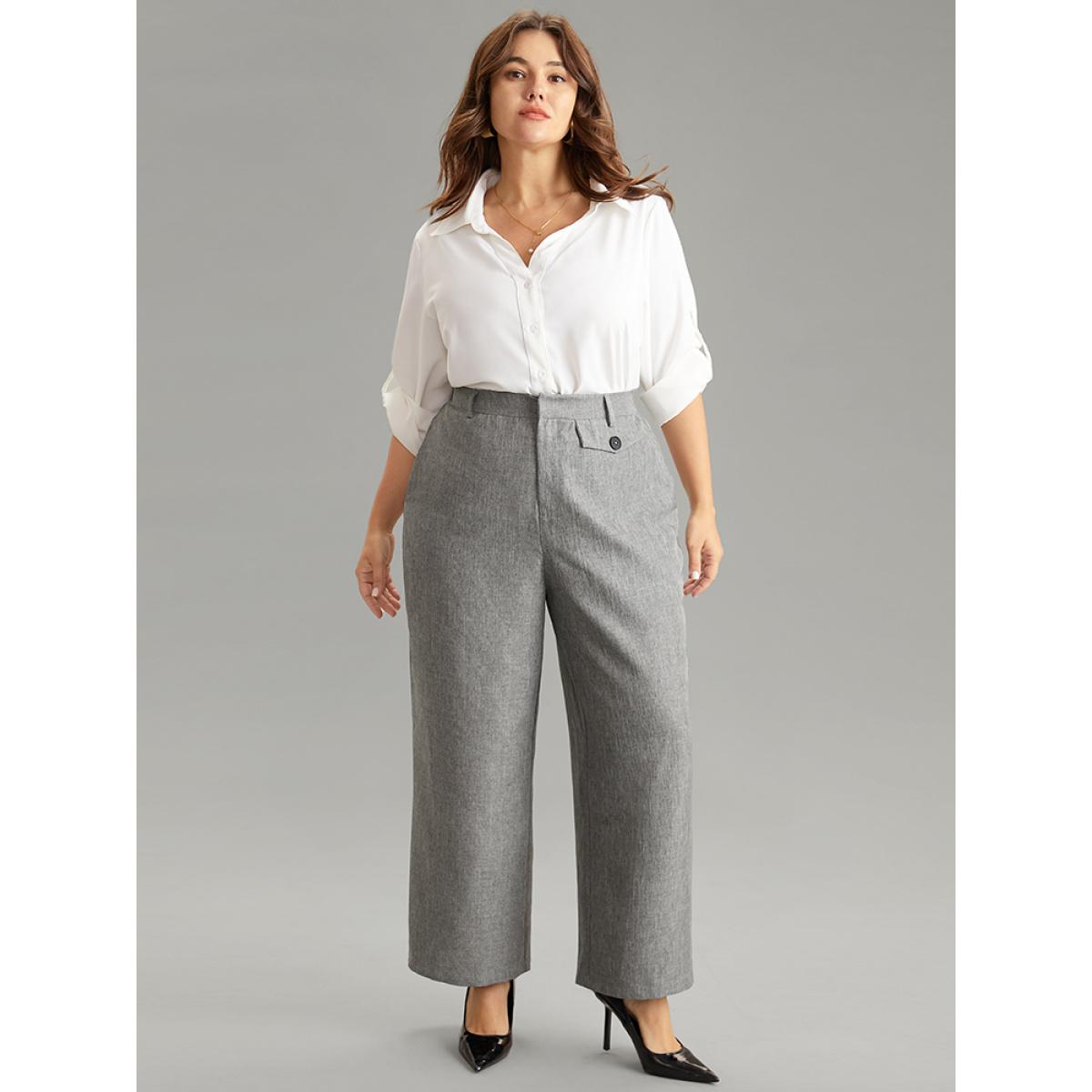 Plus Size Heather Flap Detail Elastic Waist Wide Leg Pants Women DarkGray Office Wide Leg High Rise Work Pants BloomChic 22-24/3X Product Image