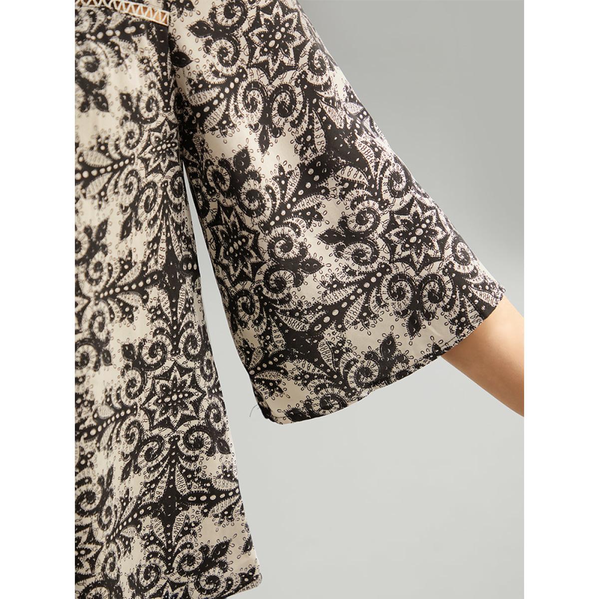 Plus Size LightBrown Paisley Print Stitch Bell Sleeve Blouse Women Vacation Elbow-length sleeve Round Neck Dailywear Blouses BloomChic 22-24/3X Product Image