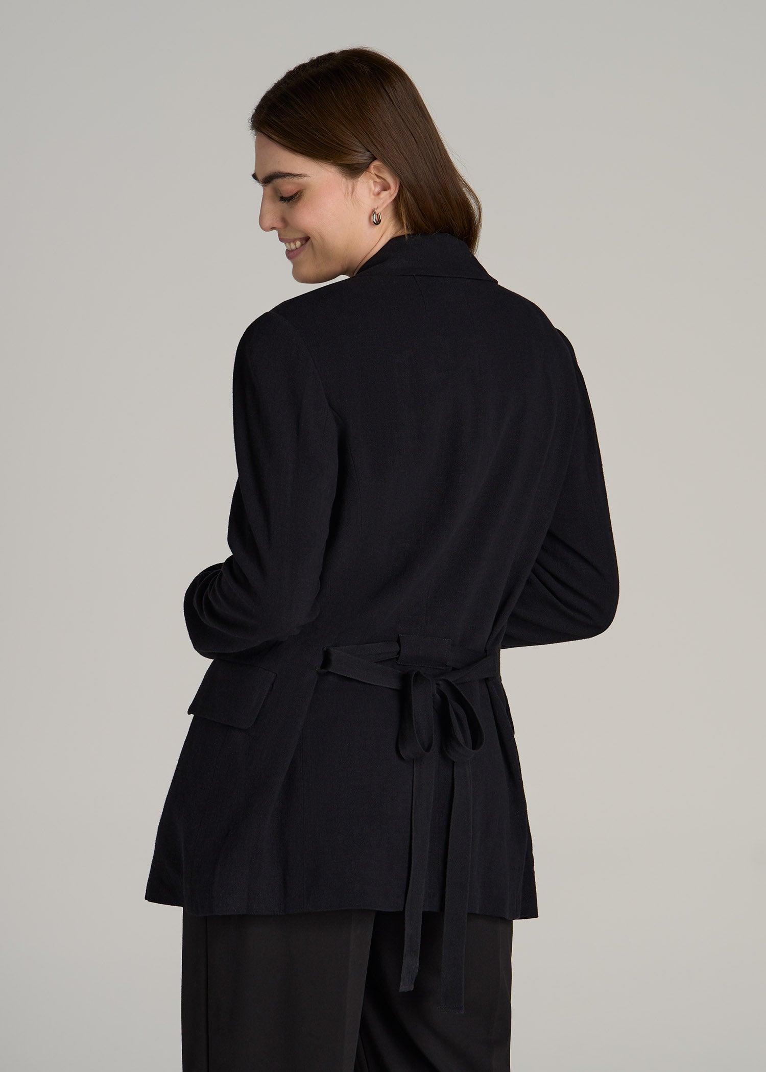 Linen Blend Tie Back Blazer For Tall Women in Black Female Product Image