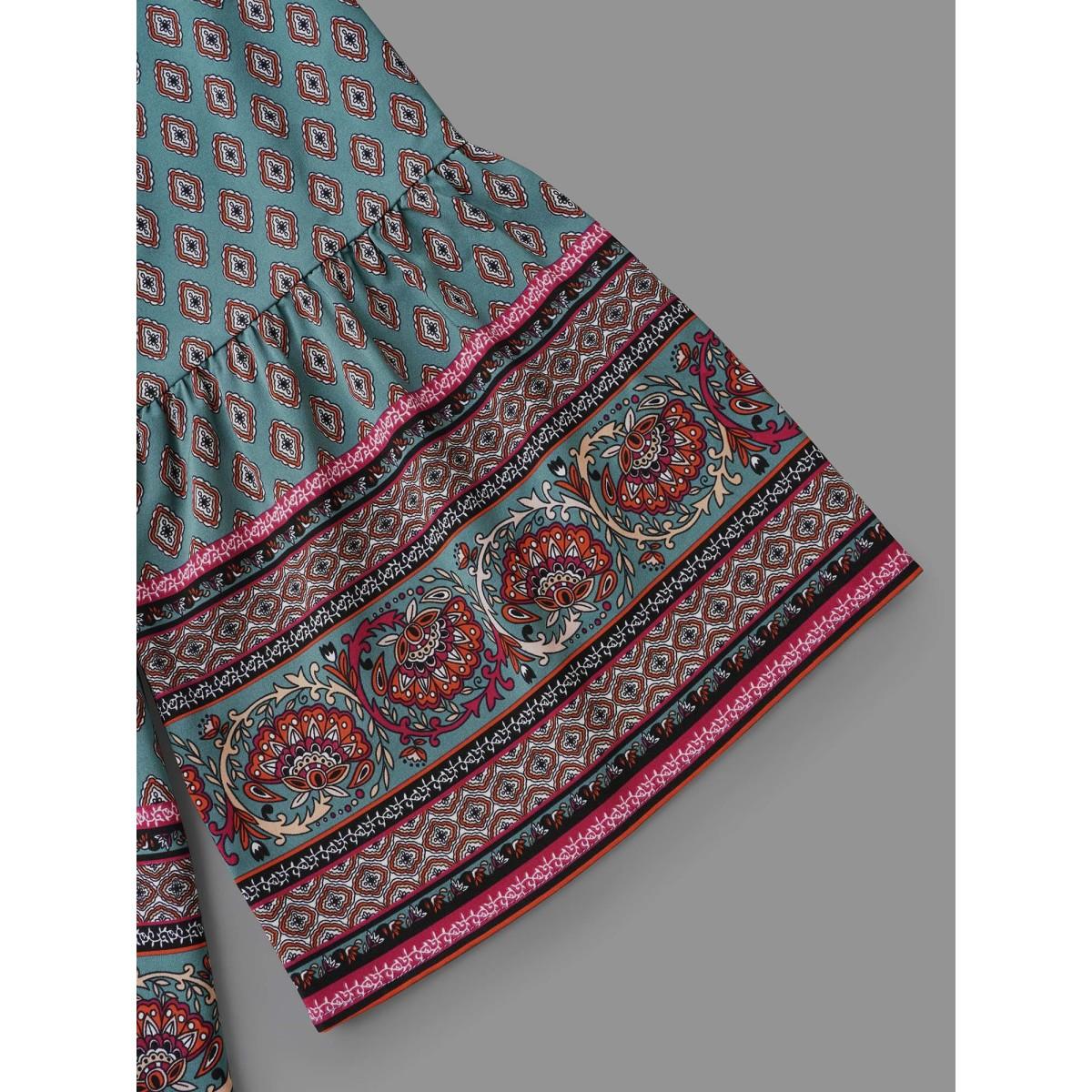 Plus Size DarkSlateGray Boho Print Lace Trim V-Neck Ruffle Sleeve Blouse Women Resort Long Sleeve V-neck Vacation Blouses BloomChic 28/5X Product Image