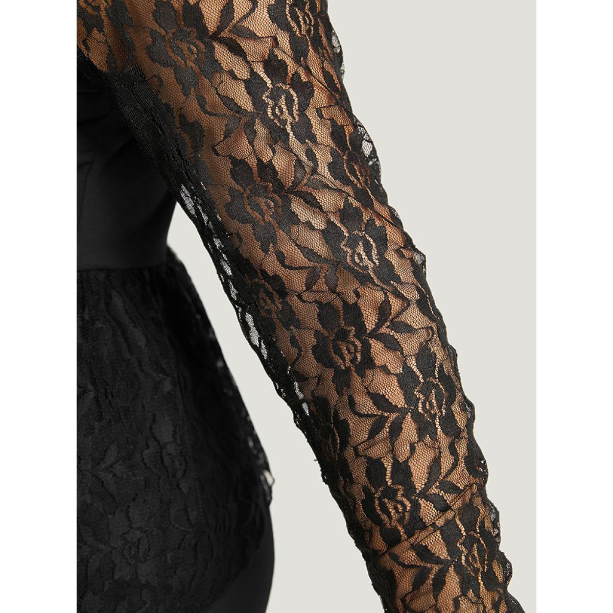Plus Size Halloween Guipure Lace Zipper Fly Layered Dress Black Women Elegant See through V-neck Long Sleeve Curvy Knee Dress BloomChic 14-16/1X Product Image