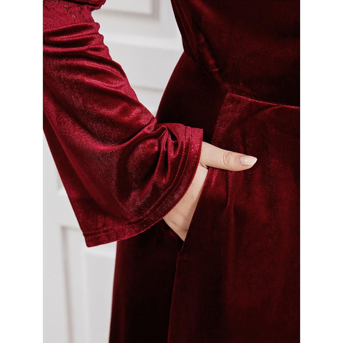 Plus Size Solid Lace Insert Bell Sleeve Pocket Velvet Dress Red Women Party Patchwork Round Neck Long Sleeve Curvy Midi Dress BloomChic 26/4X Product Image