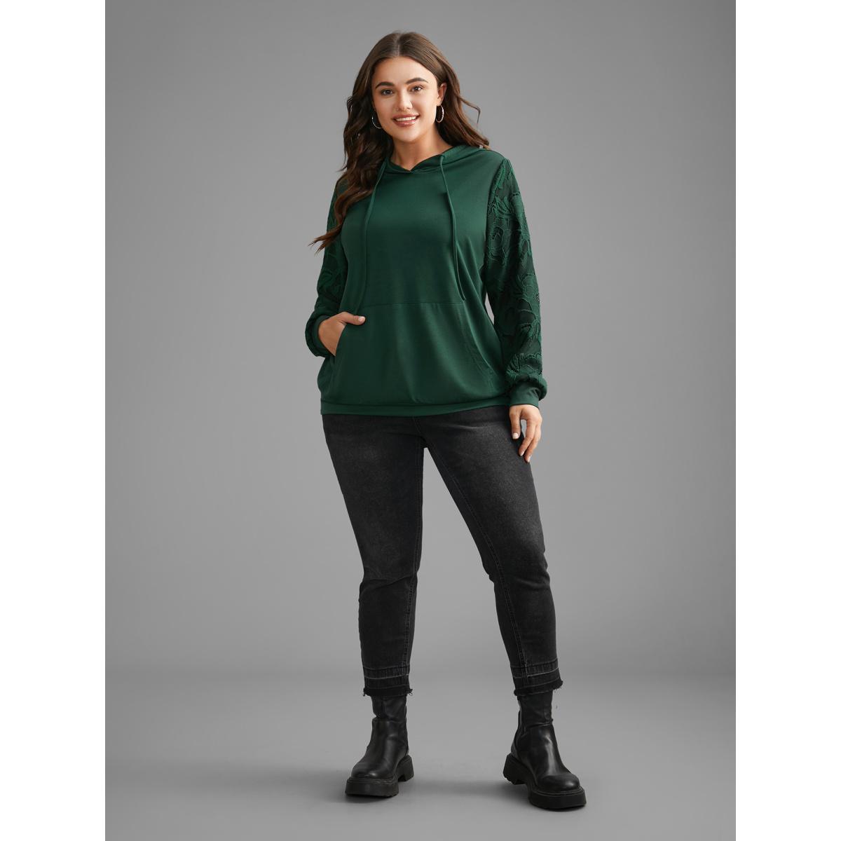 Plus Size Lace Patchwork Pocket Hooded Drawstring Sweatshirt Women DarkGreen Casual Patchwork Hooded Everyday Sweatshirts BloomChic 26/4X Product Image