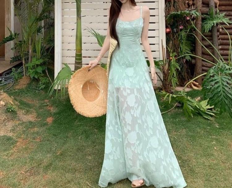 Spaghetti Strap Scoop Neck Floral Sheer Panel Maxi A-Line Dress Product Image