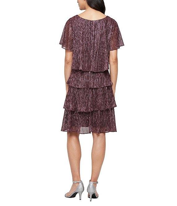 Ignite Evenings Short Sleeve V-Neck Tiered Shimmer Shift Dress Product Image