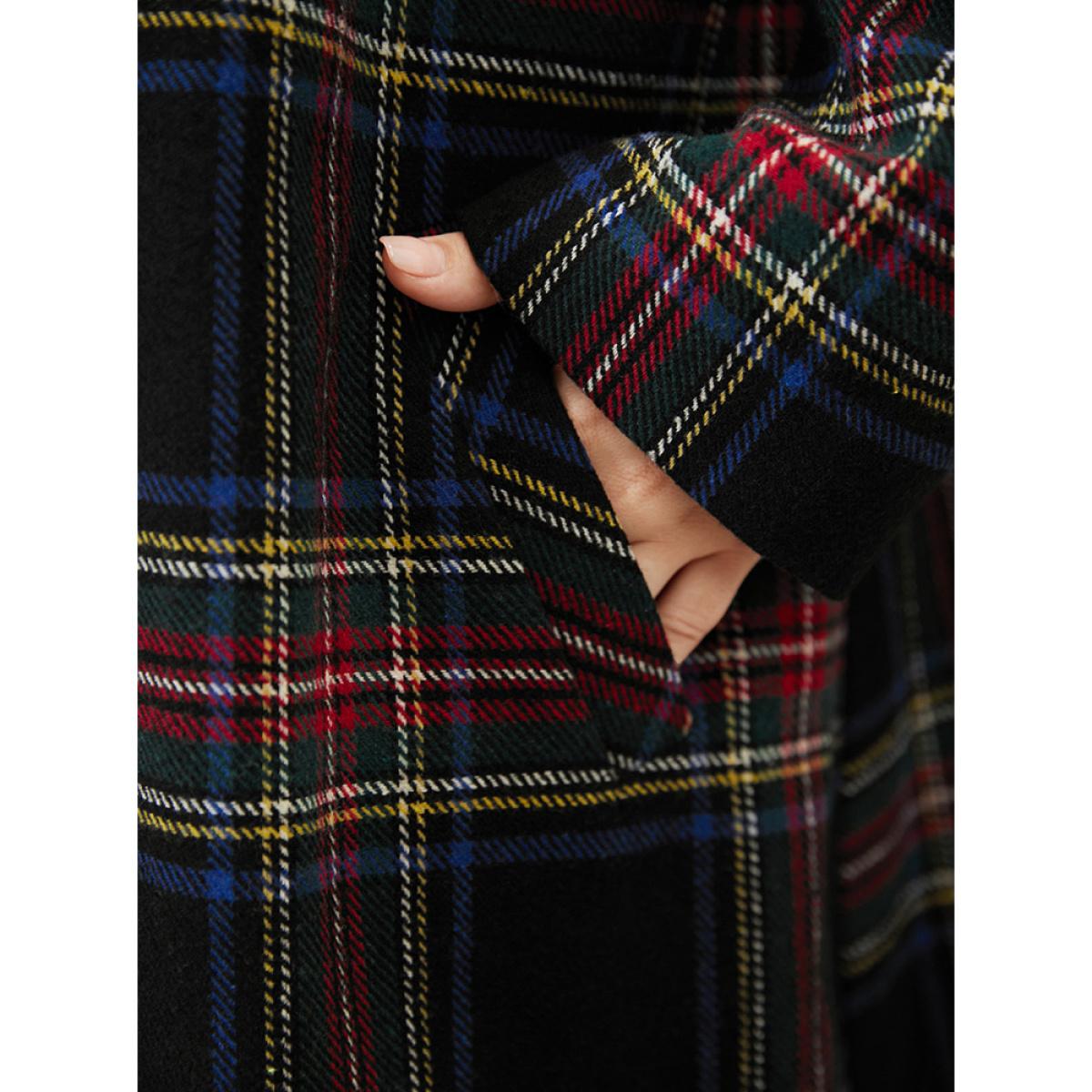 Plus Size Plaid Button Through Pocket Lapel Collar Coat Women Black Casual Pocket Ladies Dailywear Winter Coats BloomChic 12/L Product Image
