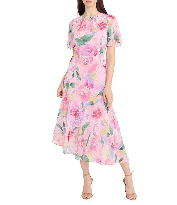 Maggy London Floral Print Short Flutter Sleeve Asymmetrical Hem Dress Product Image