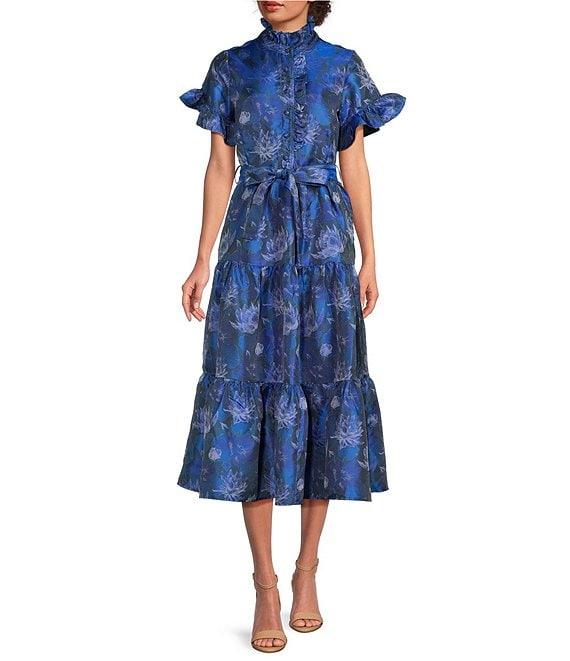 Abbey Glass Floral Print Sadie Ruffle Stand Collar Short Sleeve Tie Waist Tiered Pocketed Midi Dress Product Image