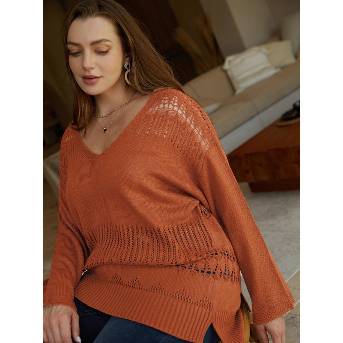 Plus Size Solid Hollow Out Split V Neck Pullover Chocolate Women Casual Loose Long Sleeve V-neck Everyday Pullovers BloomChic 10/M Product Image