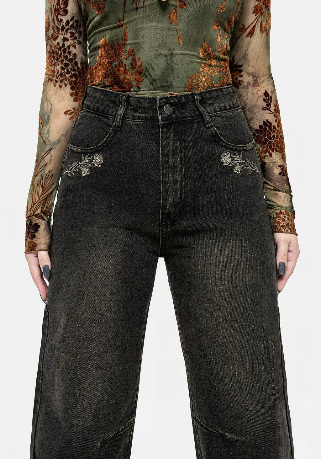 Veltha Floral Embroidered Denim Barrel Leg Jeans Product Image