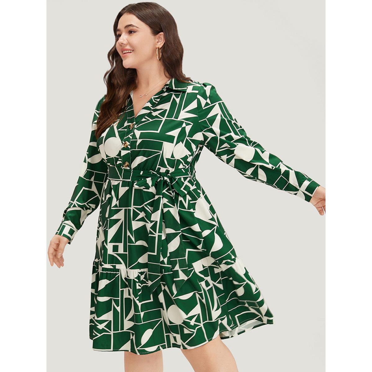 Plus Size Geometric Shirt Collar Belted Pocket Flutter Dress Green Women Office Belted Shirt collar Long Sleeve Curvy Midi Dress BloomChic 14-16/1X Product Image