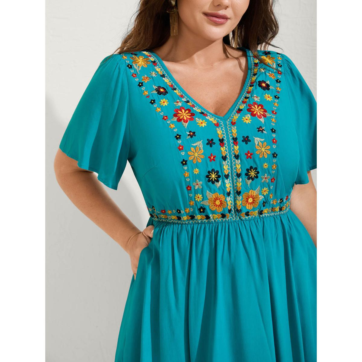 Plus Size Rayon Floral Embroidered Pockets Midi Dress Arctic Women Boho V-neck Sleeveless Curvy BloomChic 12/L Product Image