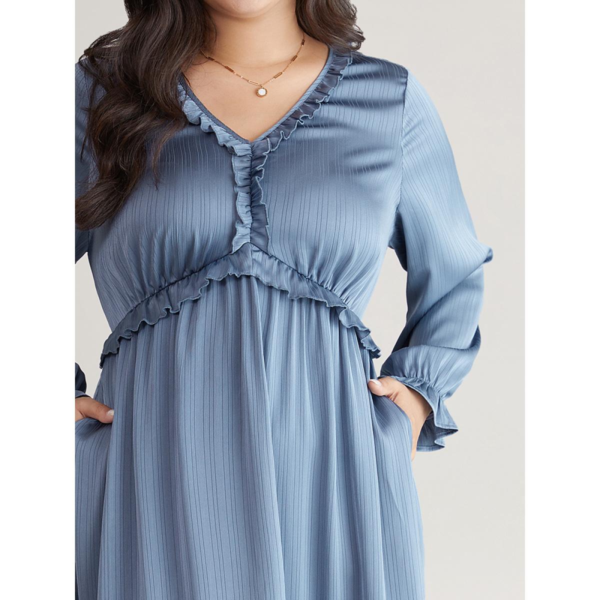 Plus Size Plain Pocket Elastic Waist Ruffles Frill Trim Dress Aegean Women Elegant Gathered V-neck Long Sleeve Curvy Midi Dress BloomChic 18-20/2X Product Image