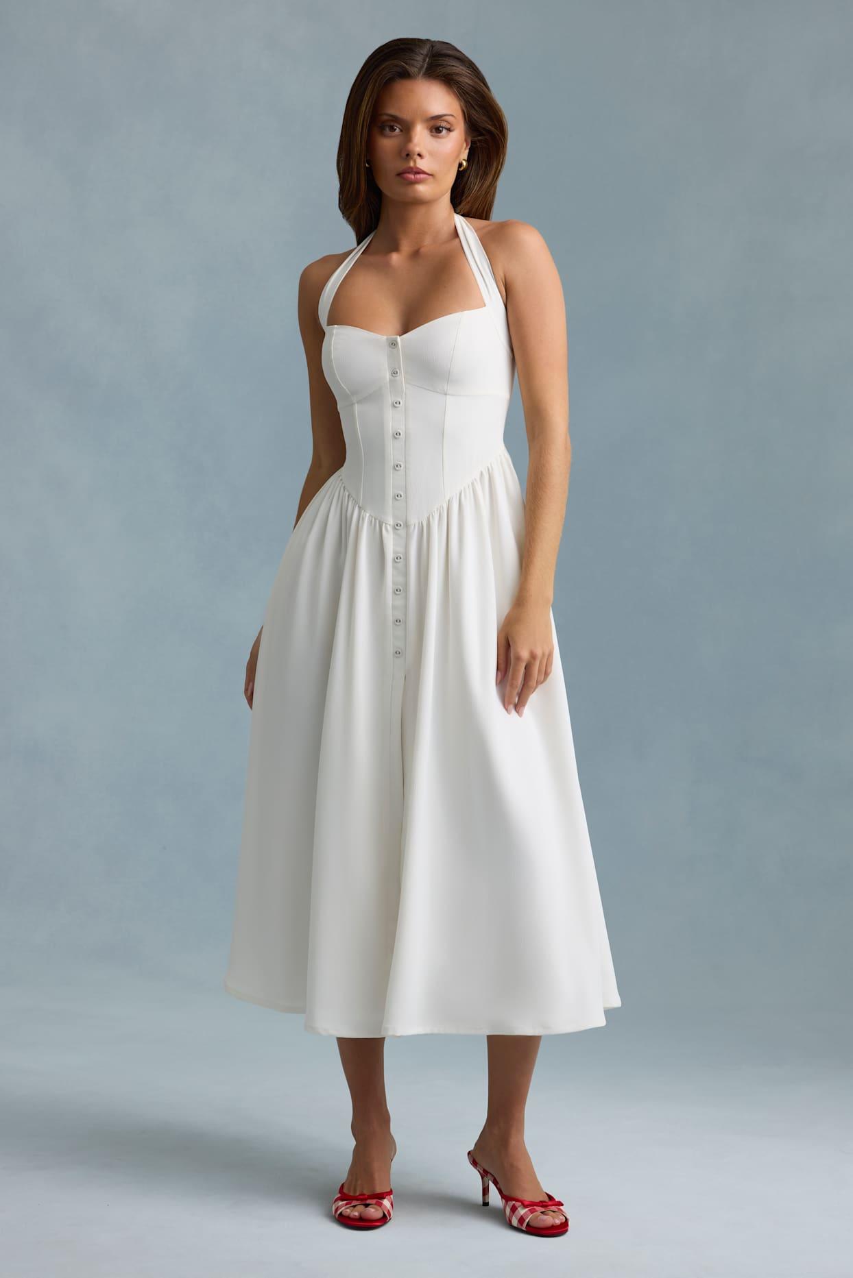 Button-Detail Halterneck Midaxi Dress in White Product Image